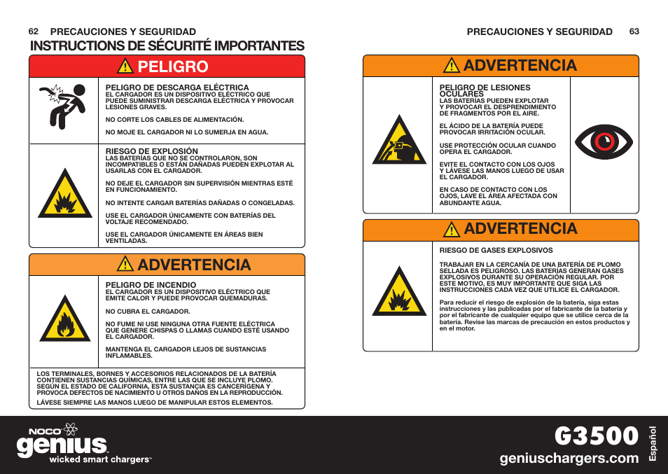 G3500, Peligro advertencia, Advertencia | Instructions de sécurité importantes | NOCO Genius G3500 User Manual | Page 33 / 47