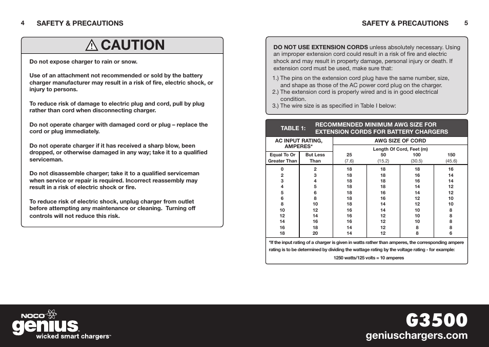 G3500, Caution | NOCO Genius G3500 User Manual | Page 4 / 47
