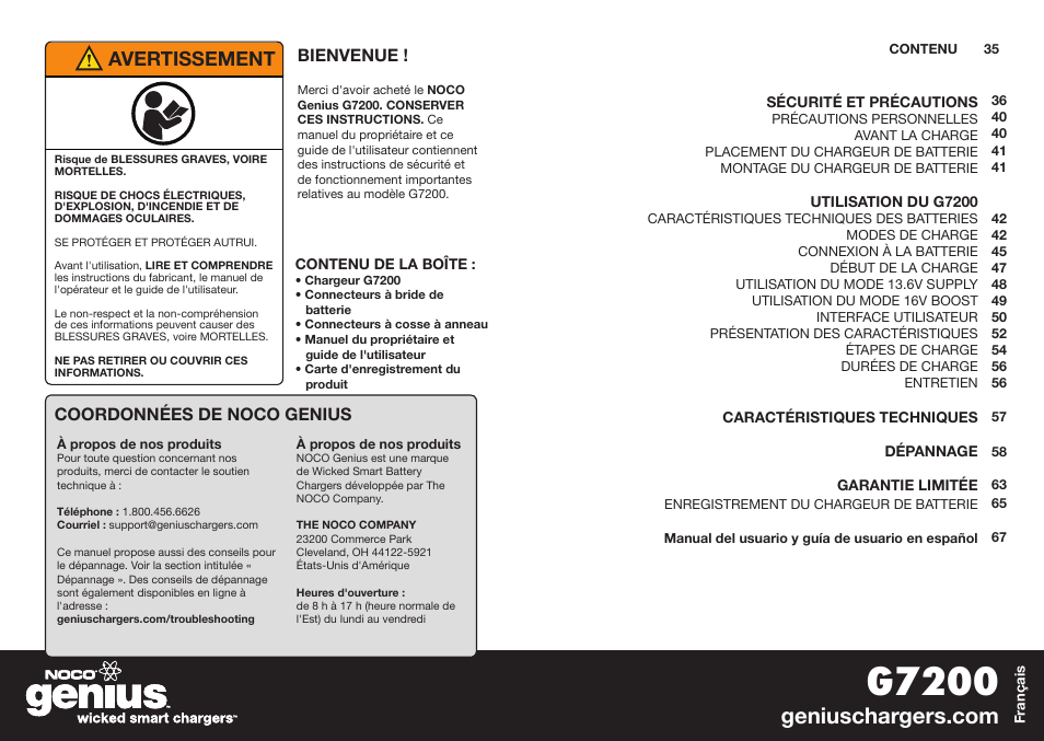 G7200, Avertissement | NOCO Genius G7200 User Manual | Page 19 / 52