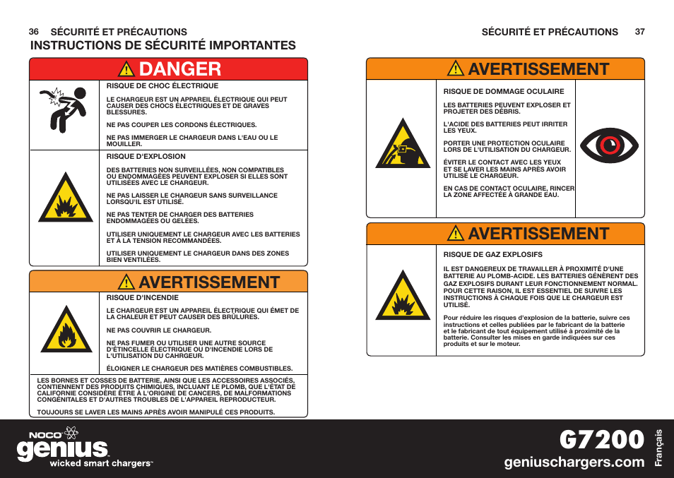 G7200, Danger, Avertissement | Instructions de sécurité importantes | NOCO Genius G7200 User Manual | Page 20 / 52