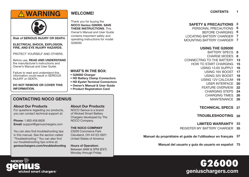 Warning | NOCO Genius G26000 User Manual | Page 2 / 58