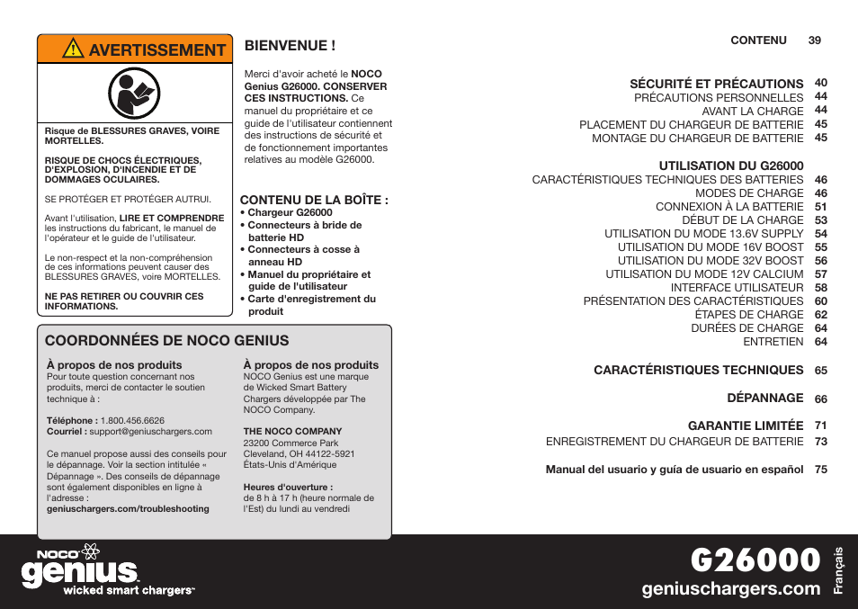 Avertissement | NOCO Genius G26000 User Manual | Page 21 / 58