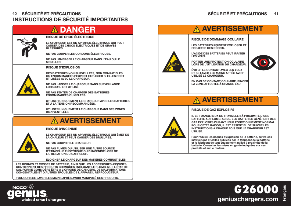 Danger, Avertissement, Instructions de sécurité importantes | NOCO Genius G26000 User Manual | Page 22 / 58