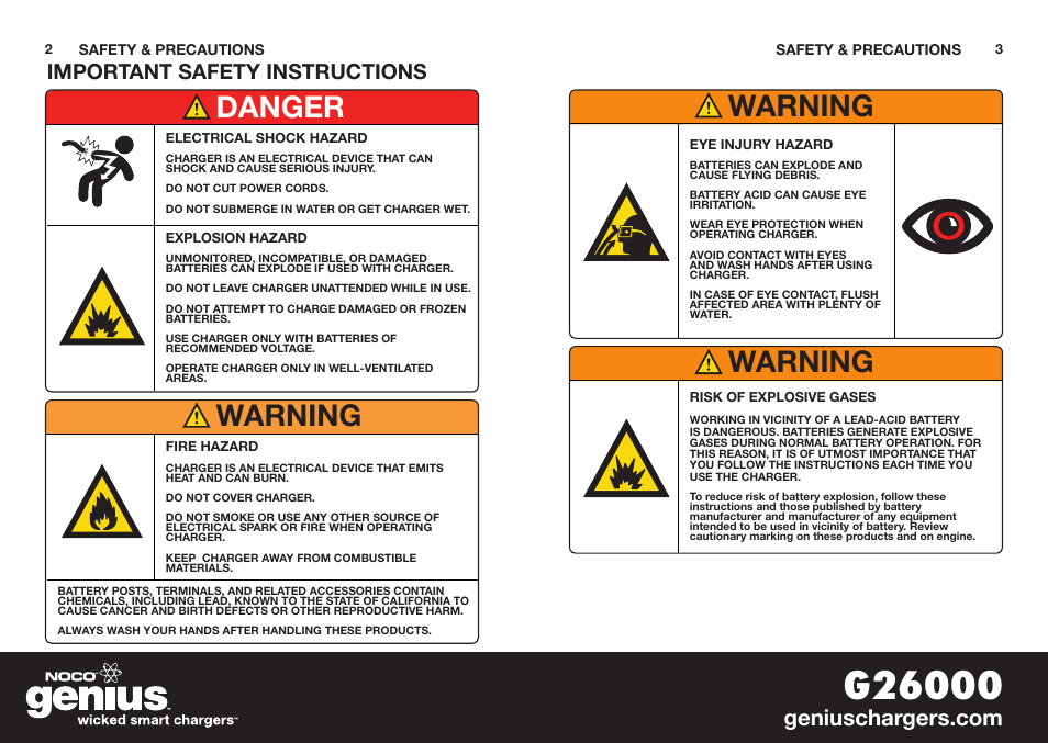 Danger warning warning warning, Important safety instructions | NOCO Genius G26000 User Manual | Page 3 / 58