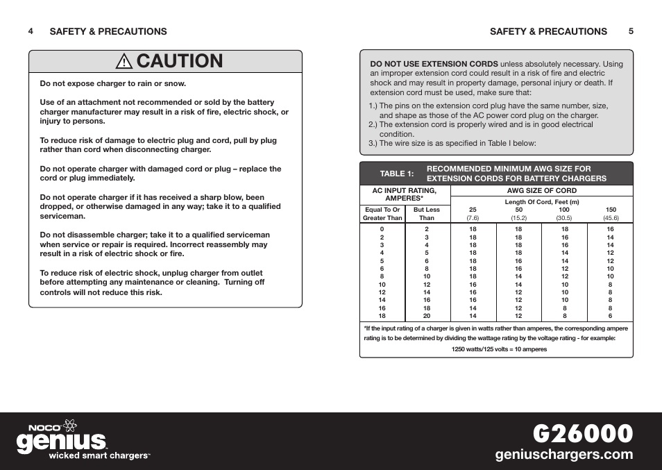 Caution | NOCO Genius G26000 User Manual | Page 4 / 58