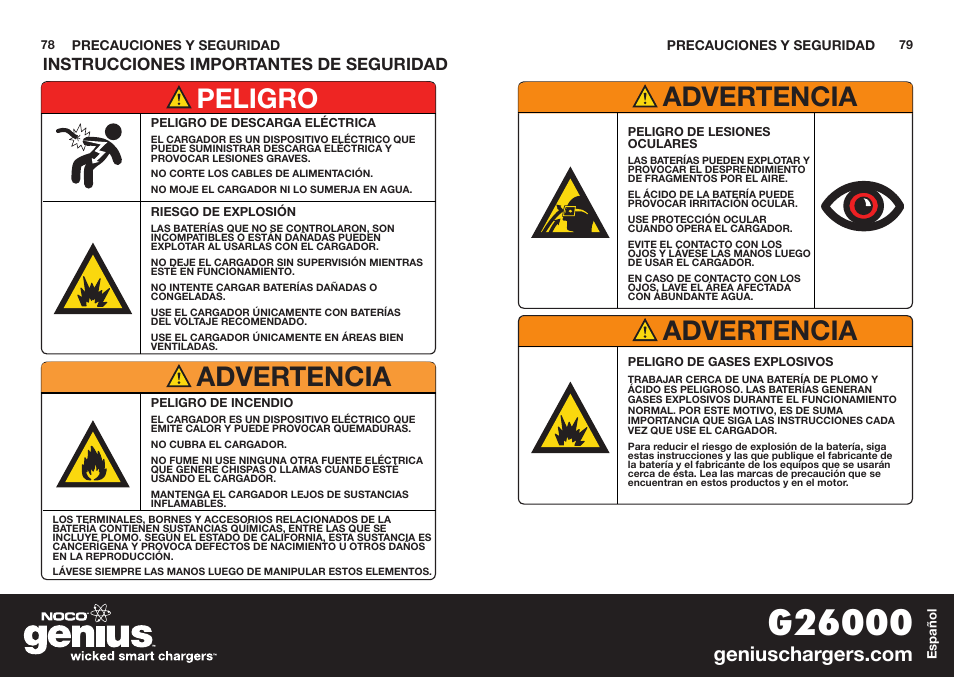 Peligro advertencia advertencia advertencia, Instrucciones importantes de seguridad | NOCO Genius G26000 User Manual | Page 41 / 58