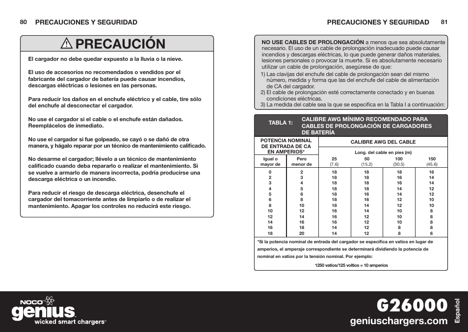 Precaución | NOCO Genius G26000 User Manual | Page 42 / 58