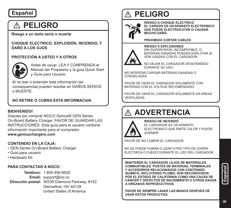 Peligro advertencia, Peligro | NOCO Genius GEN Series User Manual | Page 16 / 23