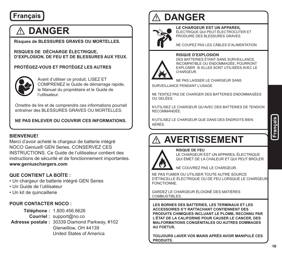 Danger avertissement, Danger | NOCO Genius GEN Series User Manual | Page 9 / 23