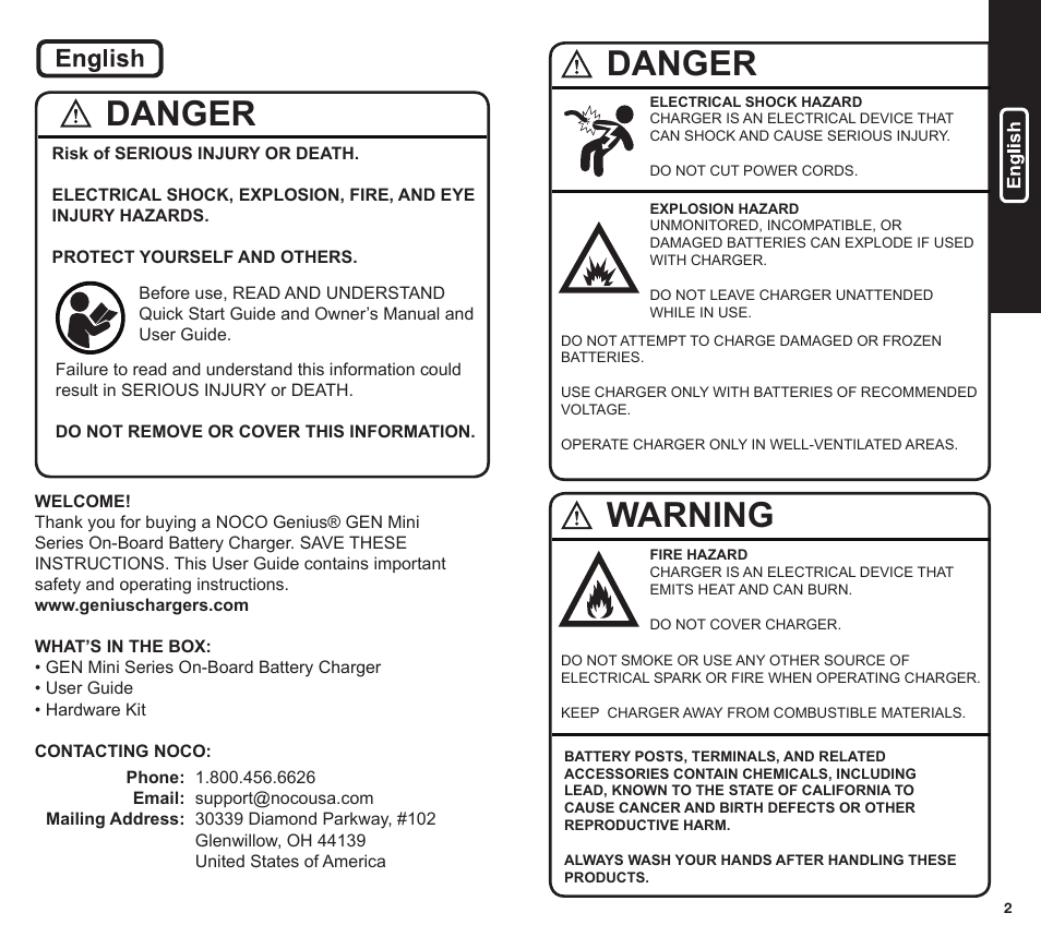 Danger warning, Danger | NOCO Genius GEN Mini Series User Manual | Page 2 / 23