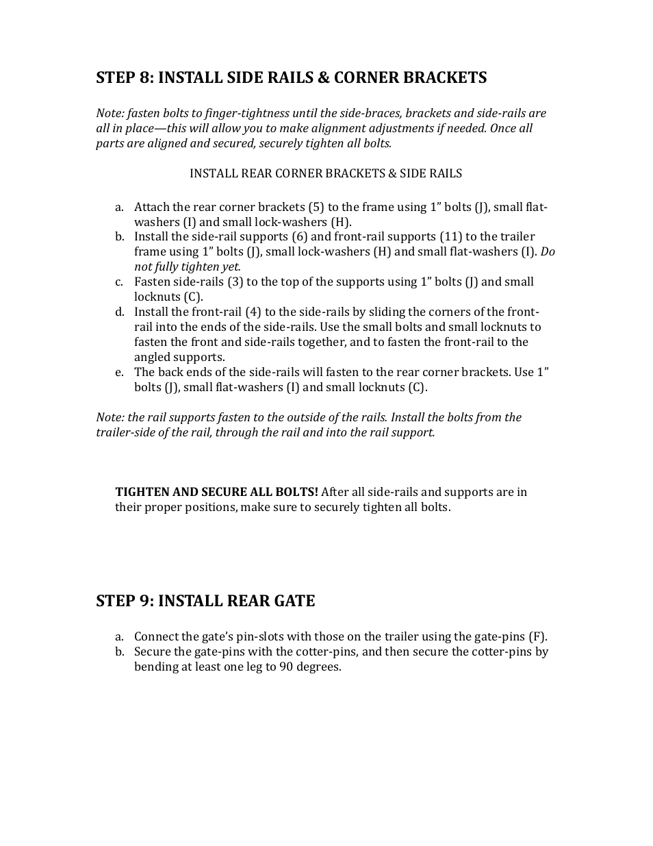 Step 8: install side rails & corner brackets, Step 9: install rear gate | Northstar Trailers SPORTSTAR I User Manual | Page 12 / 13