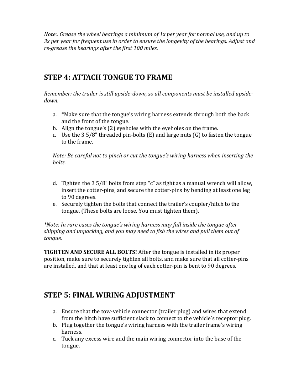 Step 4: attach tongue to frame, Step 5: final wiring adjustment | Northstar Trailers SPORTSTAR I User Manual | Page 9 / 13