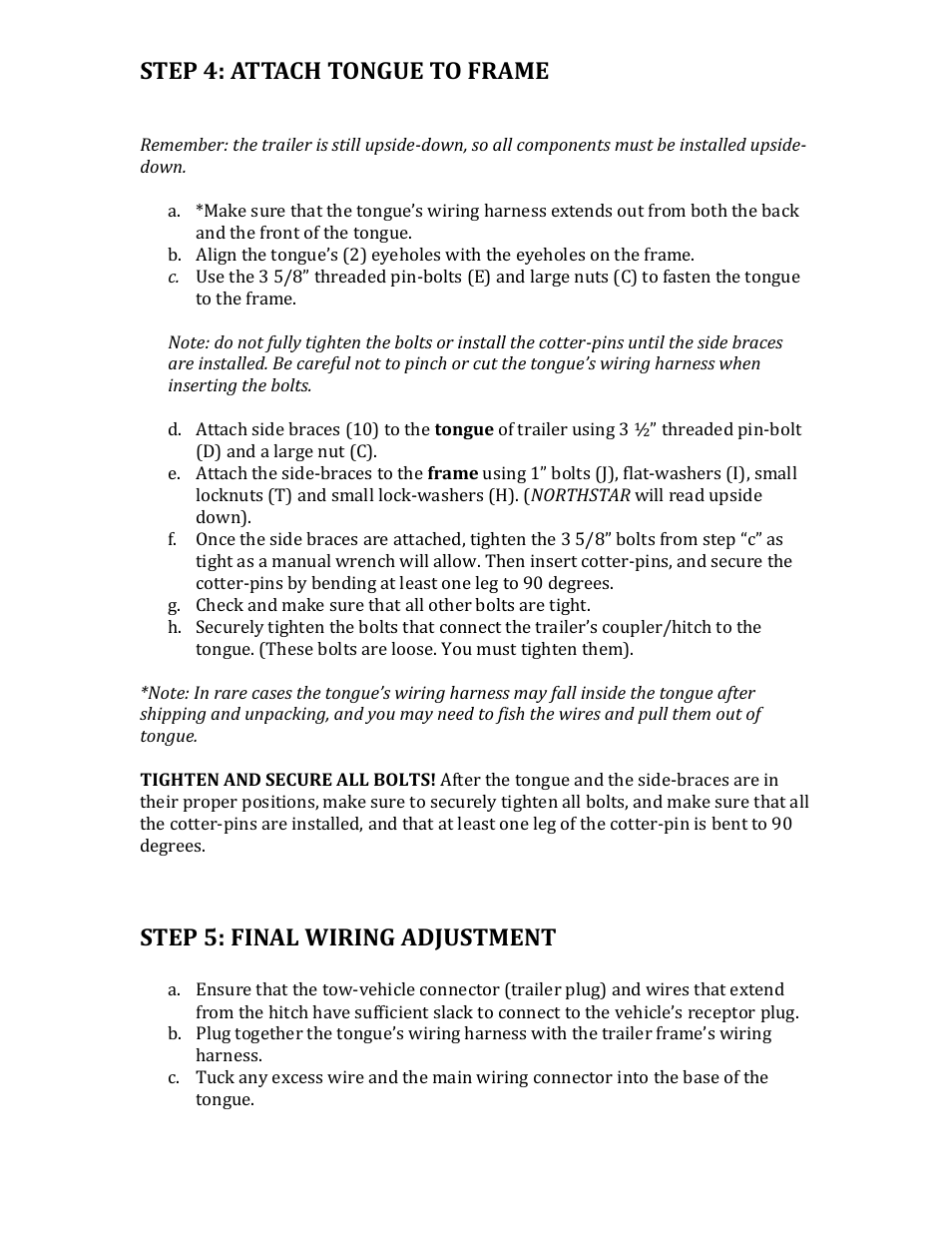 Step 4: attach tongue to frame, Step 5: final wiring adjustment | Northstar Trailers SPORTSTAR II User Manual | Page 9 / 14