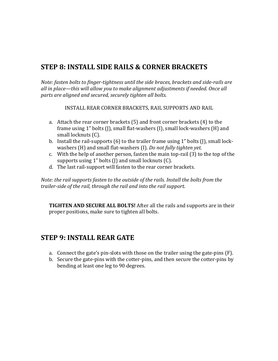 Step 8: install side rails & corner brackets, Step 9: install rear gate | Northstar Trailers LOADSTAR I XL User Manual | Page 12 / 13