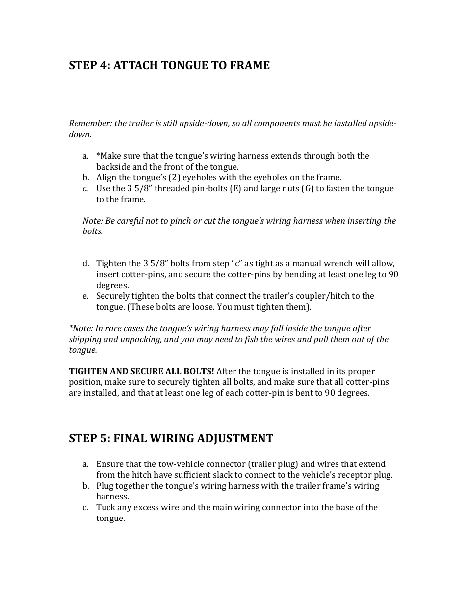Step 4: attach tongue to frame, Step 5: final wiring adjustment | Northstar Trailers LOADSTAR I XL User Manual | Page 9 / 13