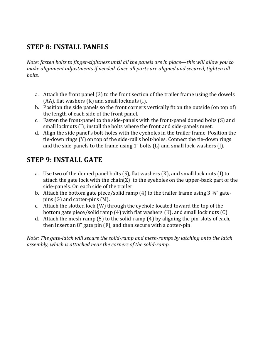 Step 8: install panels, Step 9: install gate | Northstar Trailers MULTISTAR User Manual | Page 12 / 13