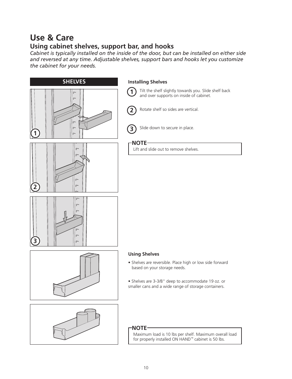 Use & care, Using cabinet shelves, support bar, and hooks | ODL ON HAND In-Door Storage and Communication System User Manual | Page 10 / 22