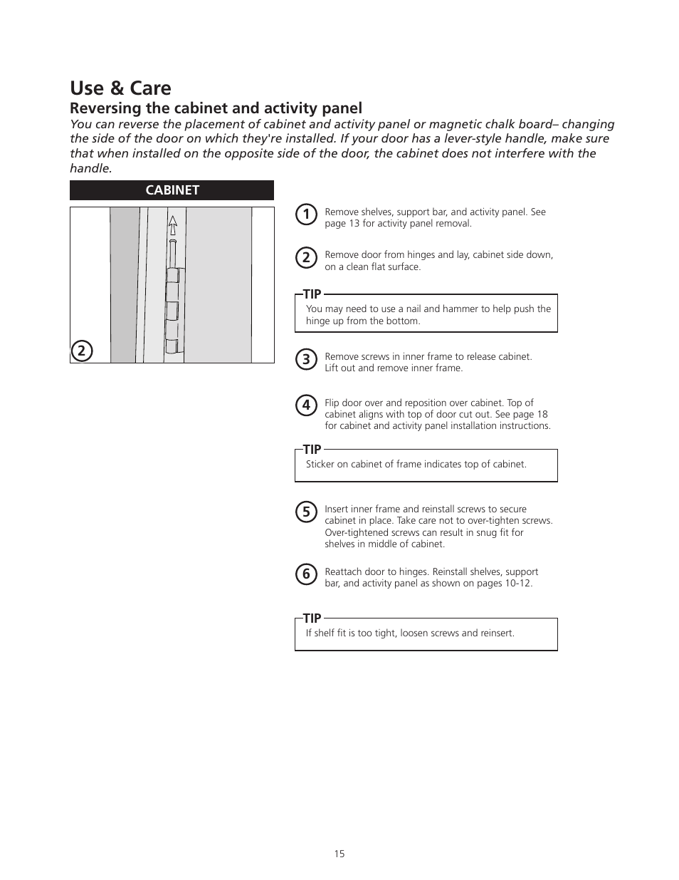 Use & care, Reversing the cabinet and activity panel | ODL ON HAND In-Door Storage and Communication System User Manual | Page 15 / 22