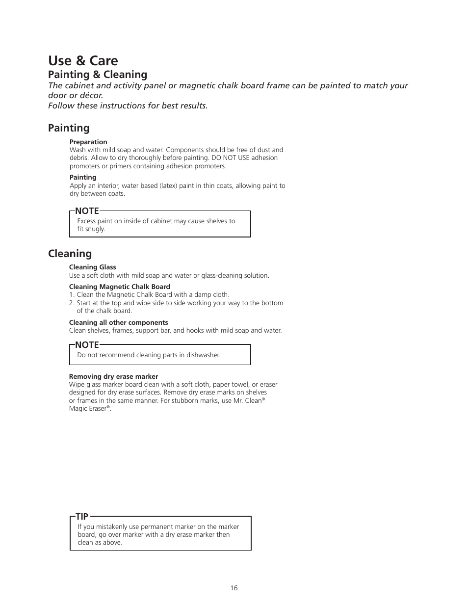 Use & care, Painting & cleaning, Cleaning painting | ODL ON HAND In-Door Storage and Communication System User Manual | Page 16 / 22