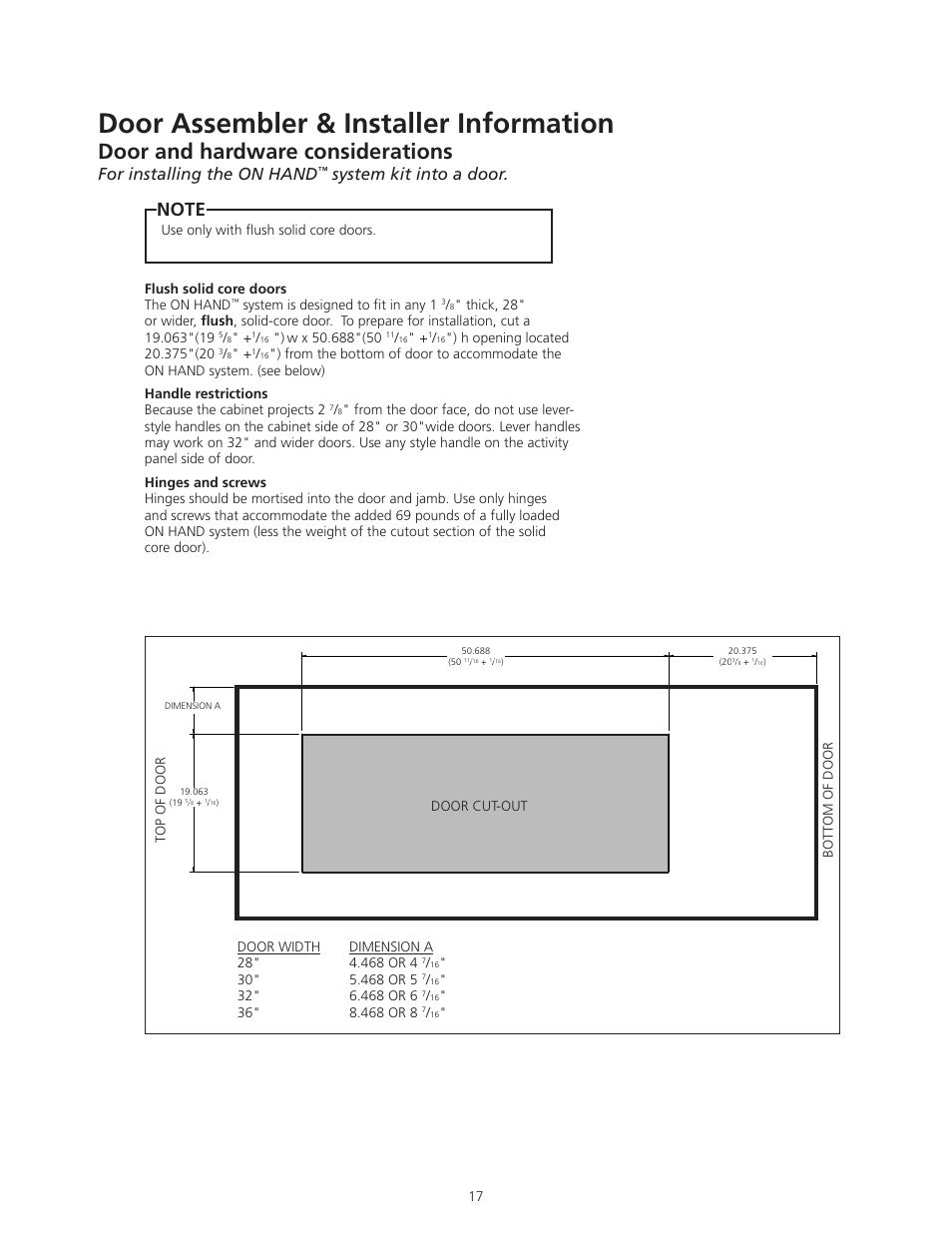 Door assembler & installer information, Door and hardware considerations, For installing the on hand | System kit into a door, Flush solid core doors the on hand, System is designed to fit in any 1, Door cut-out use only with flush solid core doors, Top of door | ODL ON HAND In-Door Storage and Communication System User Manual | Page 17 / 22