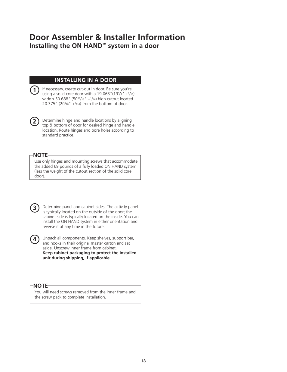 Door assembler & installer information, Installing the on hand, System in a door | Installing in a door | ODL ON HAND In-Door Storage and Communication System User Manual | Page 18 / 22