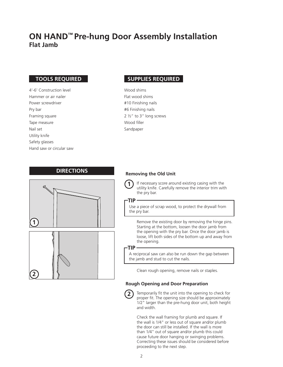 On hand, Pre-hung door assembly installation, Flat jamb | ODL ON HAND In-Door Storage and Communication System User Manual | Page 2 / 22