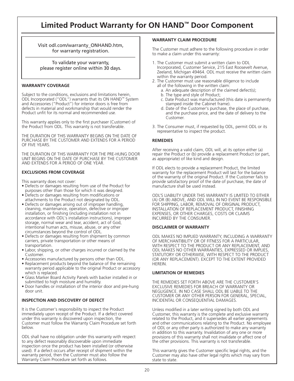 Limited product warranty for on hand, Door component | ODL ON HAND In-Door Storage and Communication System User Manual | Page 20 / 22
