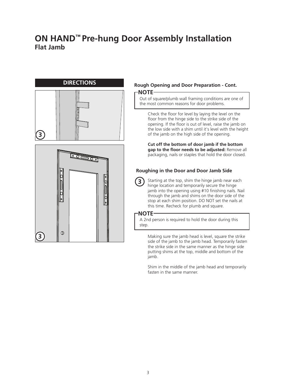 On hand, Pre-hung door assembly installation, Flat jamb | ODL ON HAND In-Door Storage and Communication System User Manual | Page 3 / 22