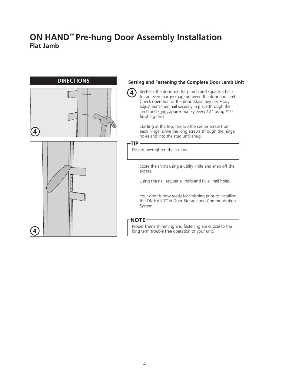 On hand, Pre-hung door assembly installation, Flat jamb | ODL ON HAND In-Door Storage and Communication System User Manual | Page 4 / 22