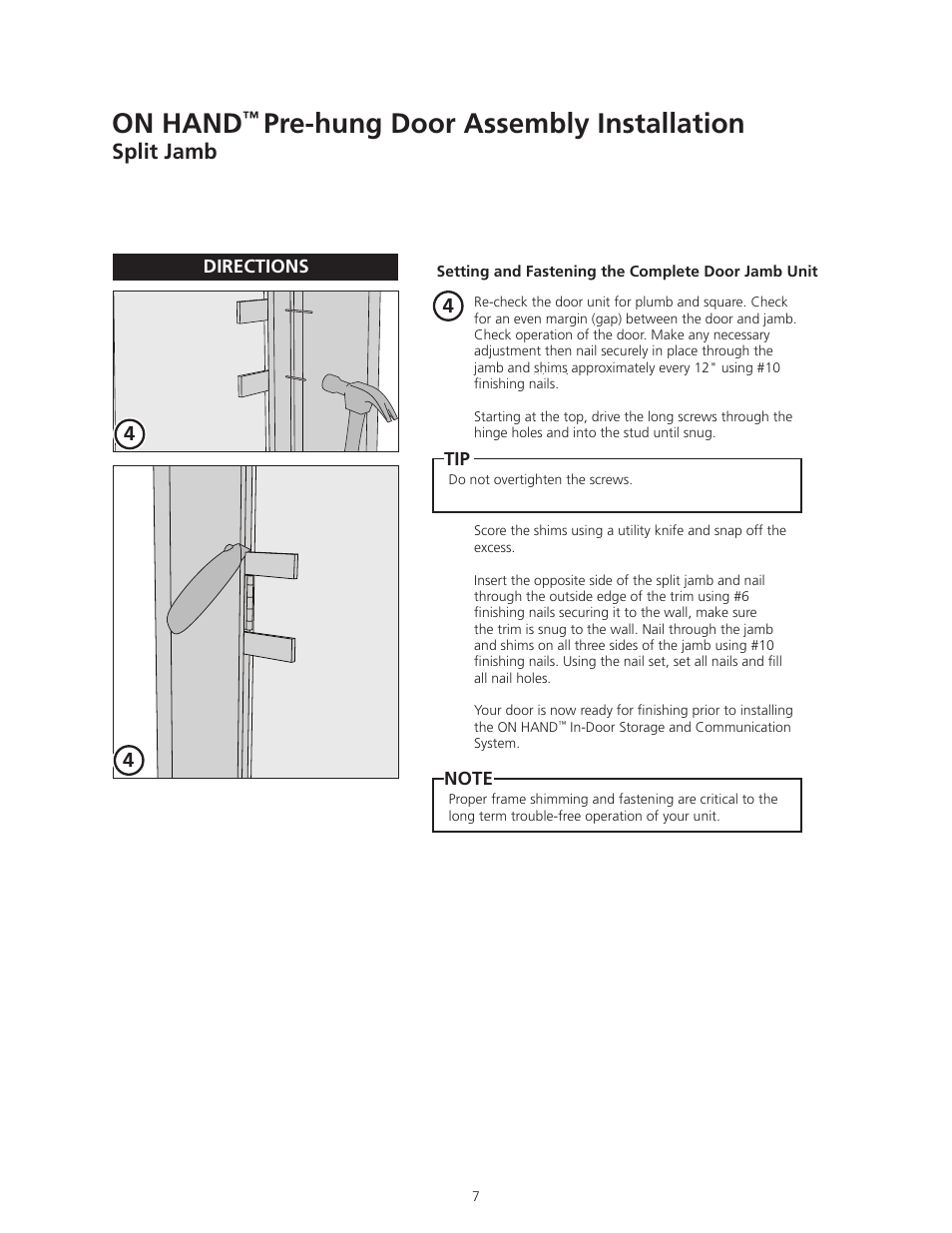 On hand, Pre-hung door assembly installation, Split jamb | ODL ON HAND In-Door Storage and Communication System User Manual | Page 7 / 22