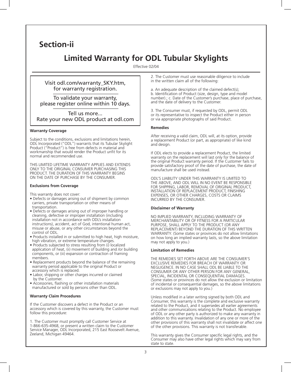 Limited warranty for odl tubular skylights | ODL Tubular Skylight User Manual | Page 3 / 31