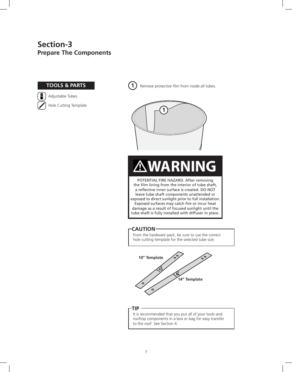 Warning, Prepare the components | ODL Tubular Skylight User Manual | Page 7 / 31