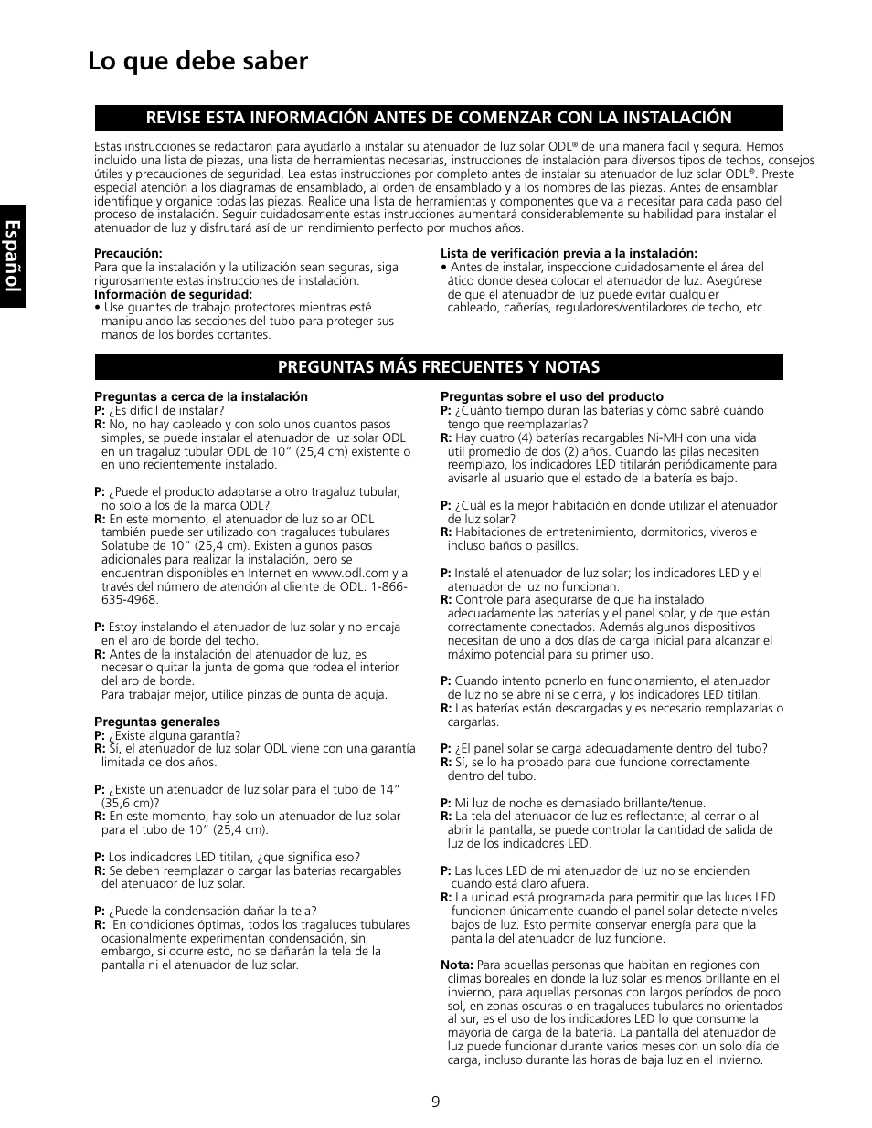 Lo que debe saber, Español, Preguntas más frecuentes y notas | ODL Tubular Skylight Solar Powered Dimmer User Manual | Page 10 / 15