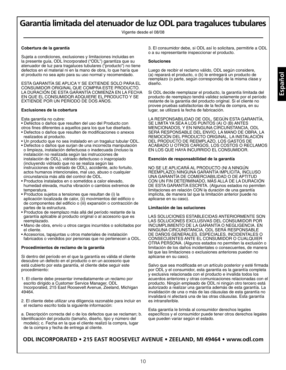 Español | ODL Tubular Skylight Solar Powered Dimmer User Manual | Page 11 / 15