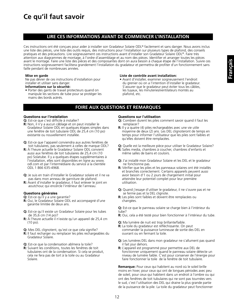 Ce qu’il faut savoir, Français, Foire aux questions et remarques | ODL Tubular Skylight Solar Powered Dimmer User Manual | Page 13 / 15