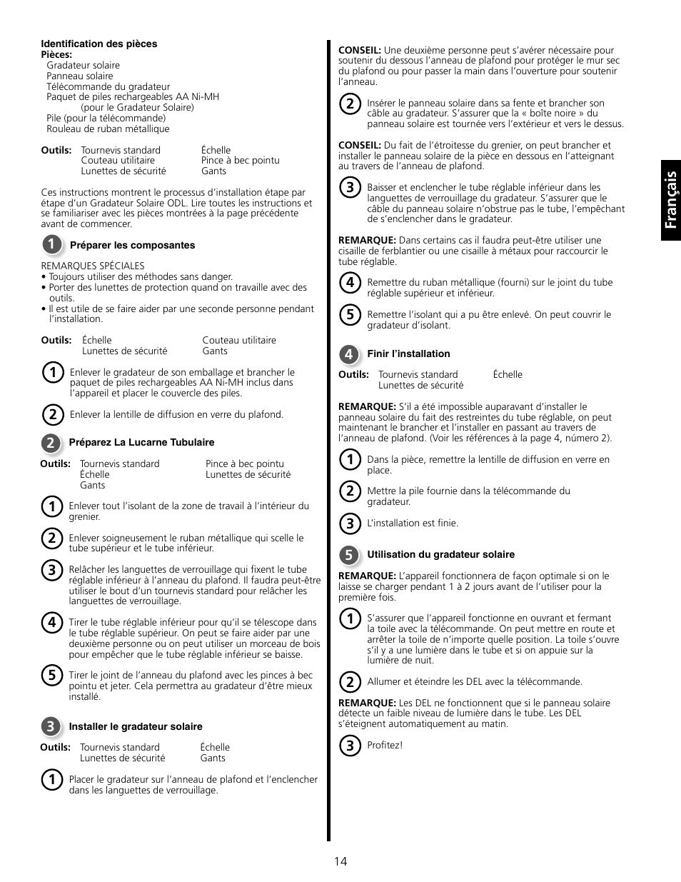 Français | ODL Tubular Skylight Solar Powered Dimmer User Manual | Page 15 / 15