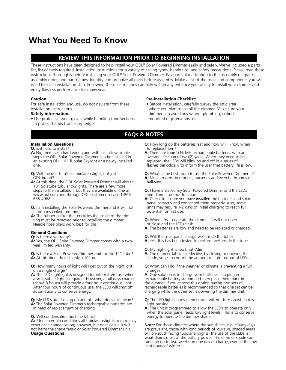 What you need to know | ODL Tubular Skylight Solar Powered Dimmer User Manual | Page 2 / 15