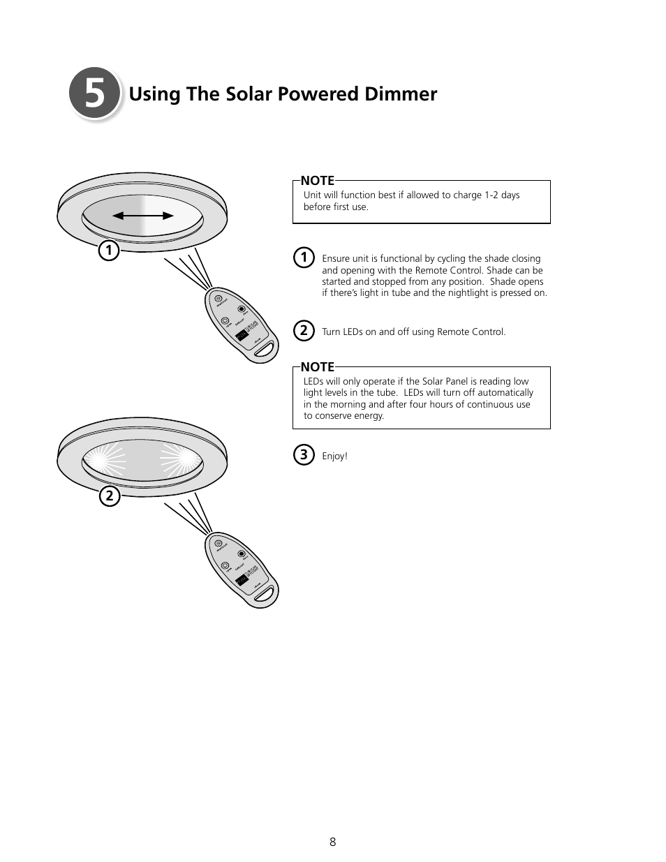 Using the solar powered dimmer | ODL Tubular Skylight Solar Powered Dimmer User Manual | Page 9 / 15