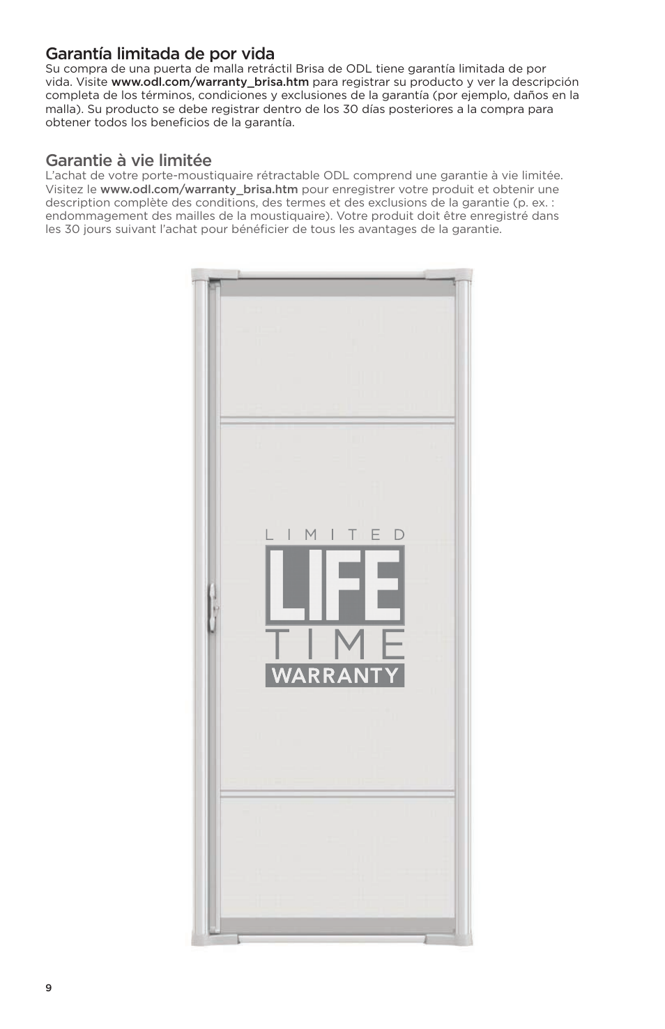 Garantía limitada de por vida, Garantie à vie limitée | ODL Brisa Retractable Screen Doors - single doors User Manual | Page 20 / 20