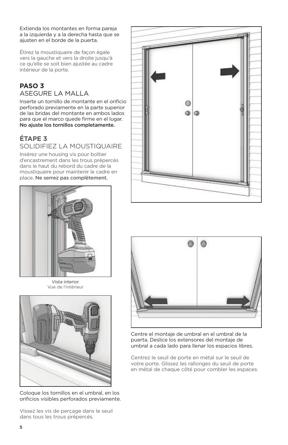 Paso 3 asegure la malla, Étape 3 solidifiez la moustiquaire | ODL Brisa Retractable Screen Doors - double doors User Manual | Page 16 / 20