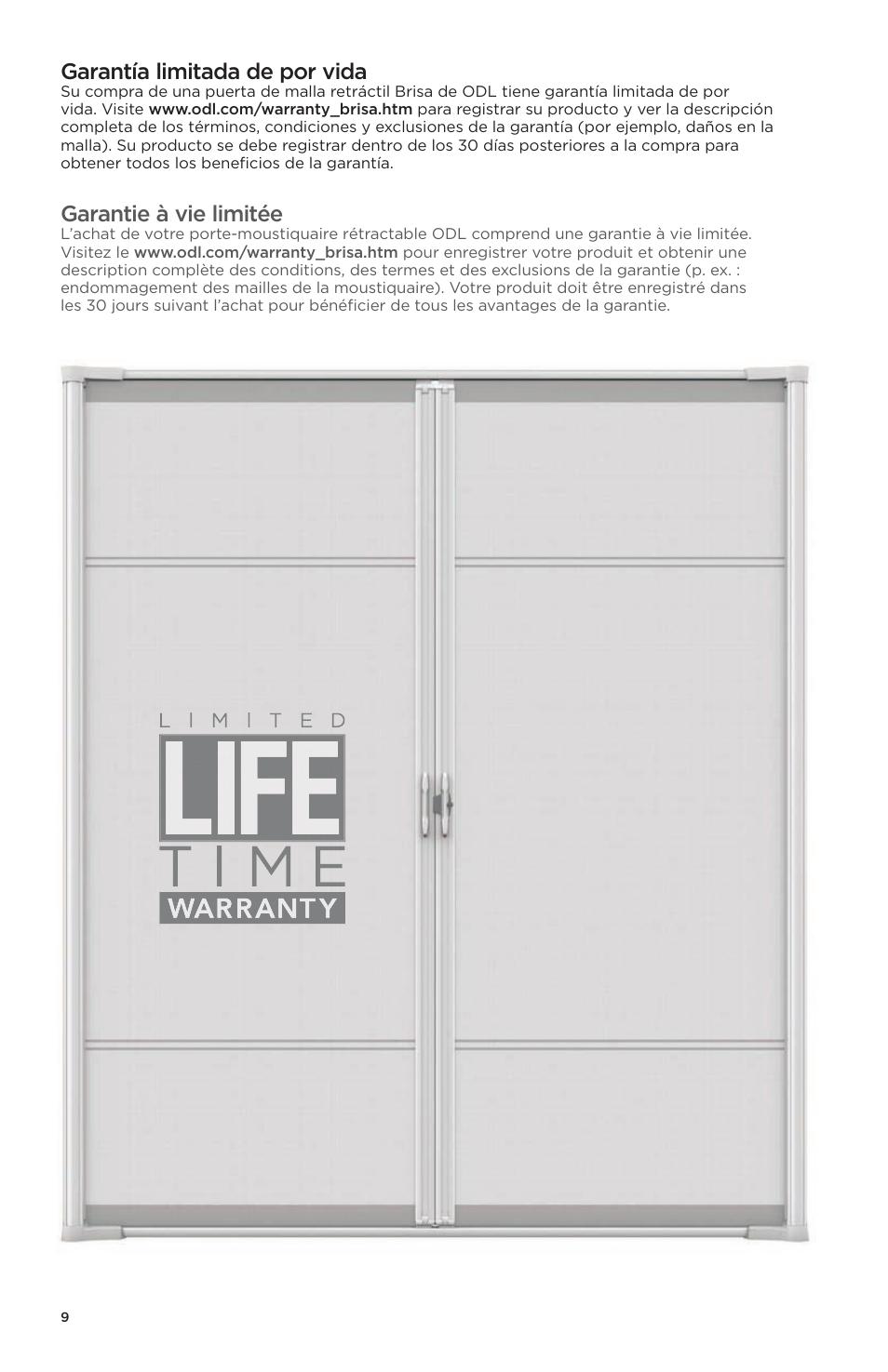 Garantía limitada de por vida, Garantie à vie limitée | ODL Brisa Retractable Screen Doors - double doors User Manual | Page 20 / 20