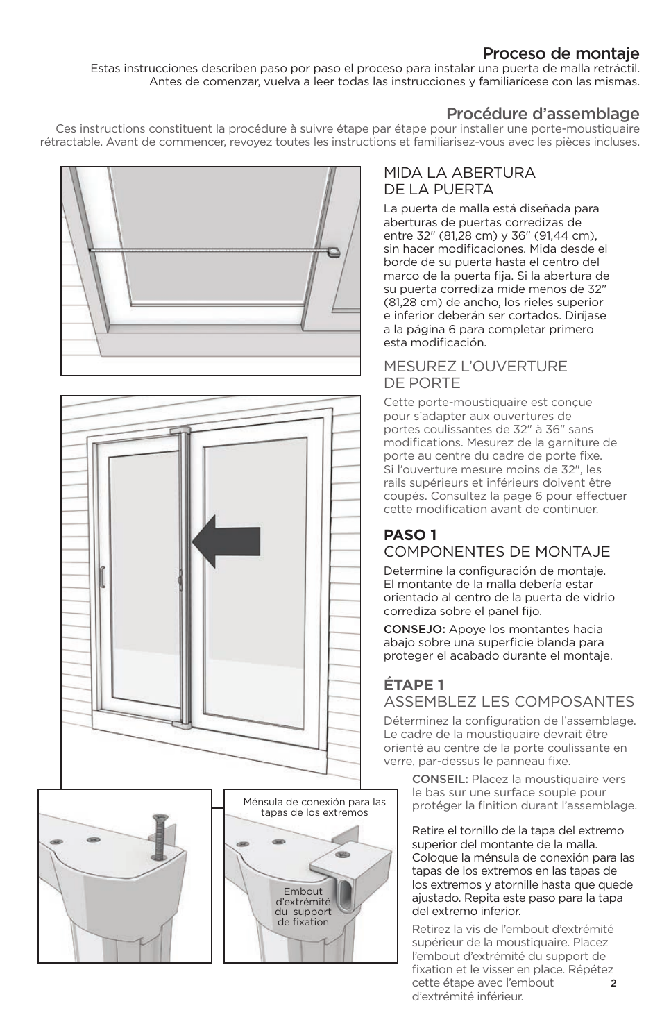 Proceso de montaje, Procédure d’assemblage, Paso 1 componentes de montaje | Mida la abertura de la puerta, Mesurez l’ouverture de porte, Étape 1 assemblez les composantes | ODL Brisa Retractable Screen Doors - sliding doors User Manual | Page 11 / 16