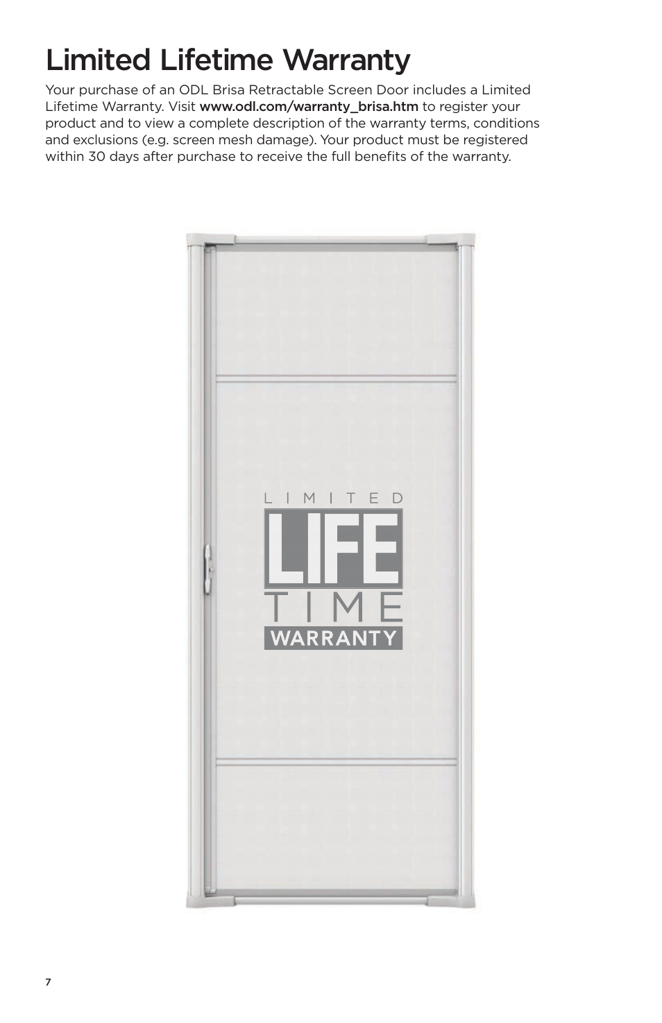 Limited lifetime warranty | ODL Brisa Retractable Screen Doors - sliding doors User Manual | Page 8 / 16