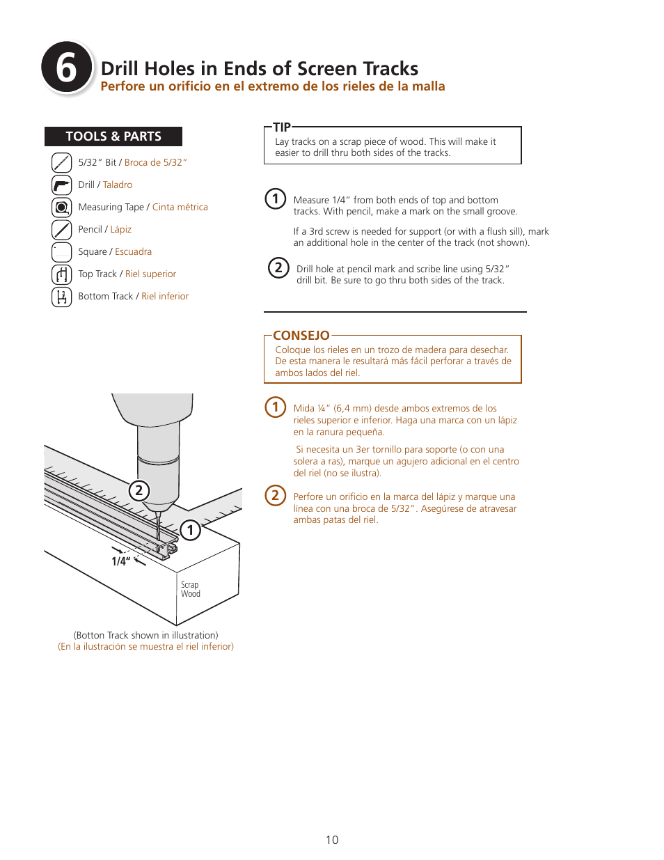 Drill holes in ends of screen tracks | ODL Standard Retractable Screen Doors - in-swing doors User Manual | Page 10 / 20