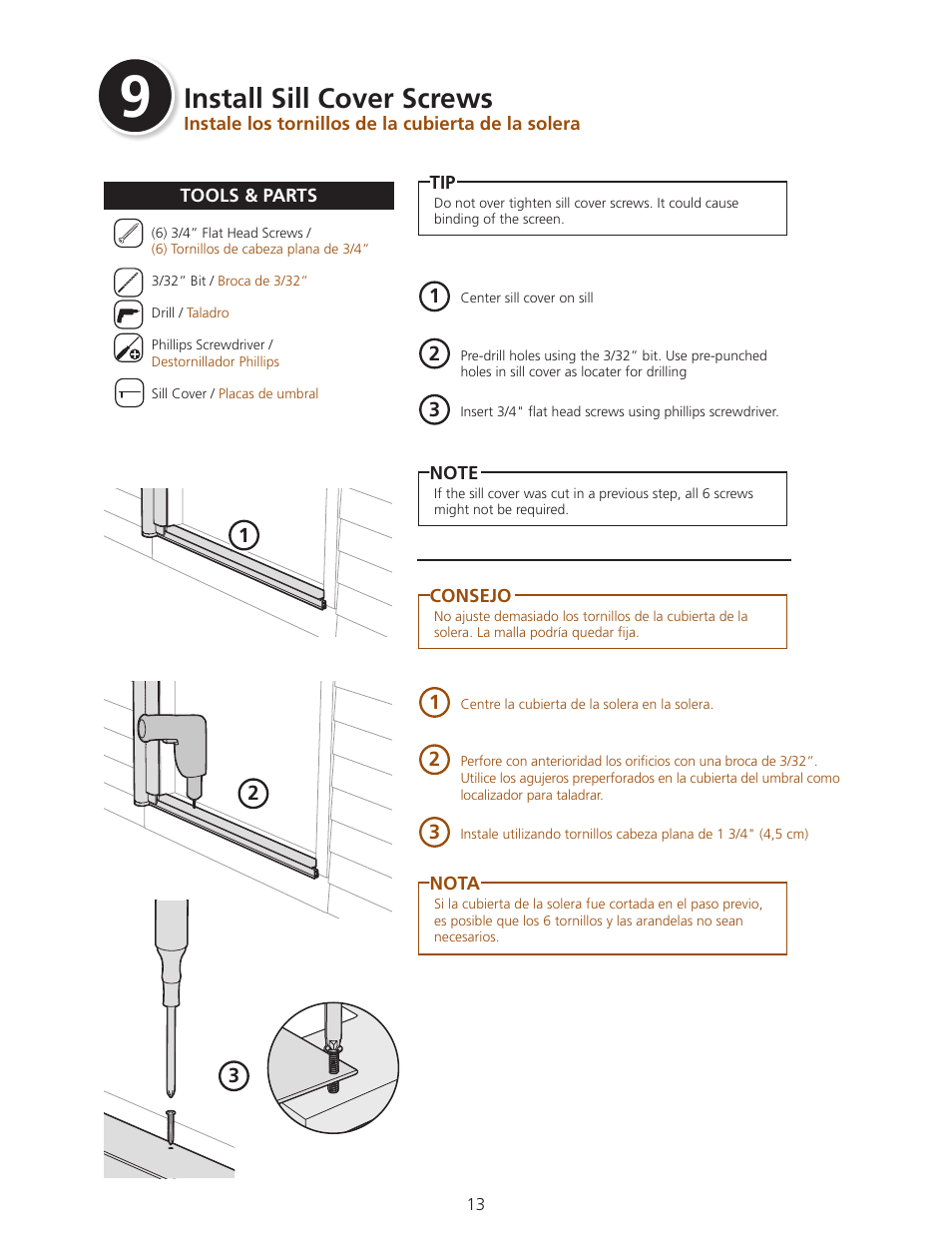 Install sill cover screws | ODL Standard Retractable Screen Doors - in-swing doors User Manual | Page 13 / 20