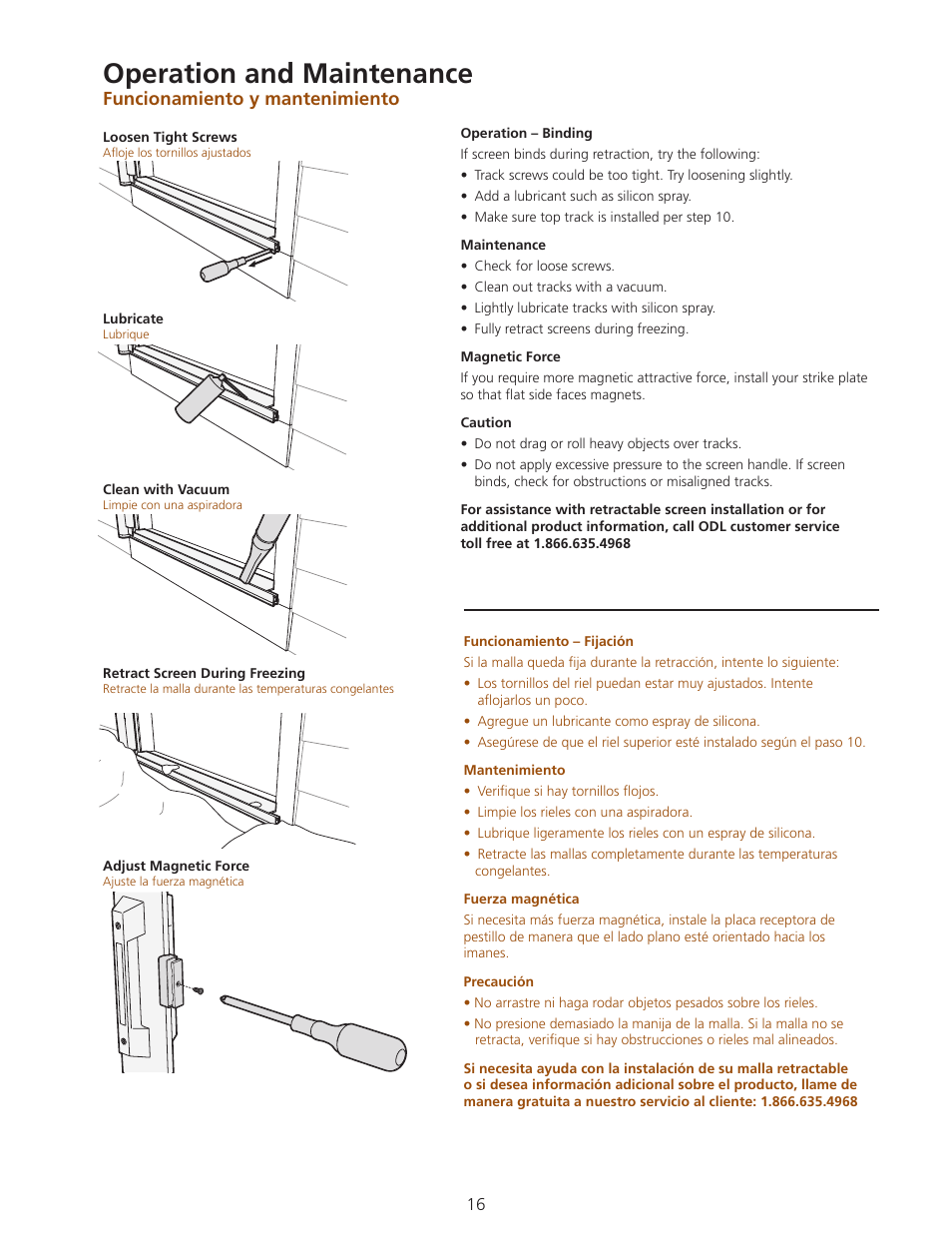 Operation and maintenance, Funcionamiento y mantenimiento | ODL Standard Retractable Screen Doors - in-swing doors User Manual | Page 16 / 20