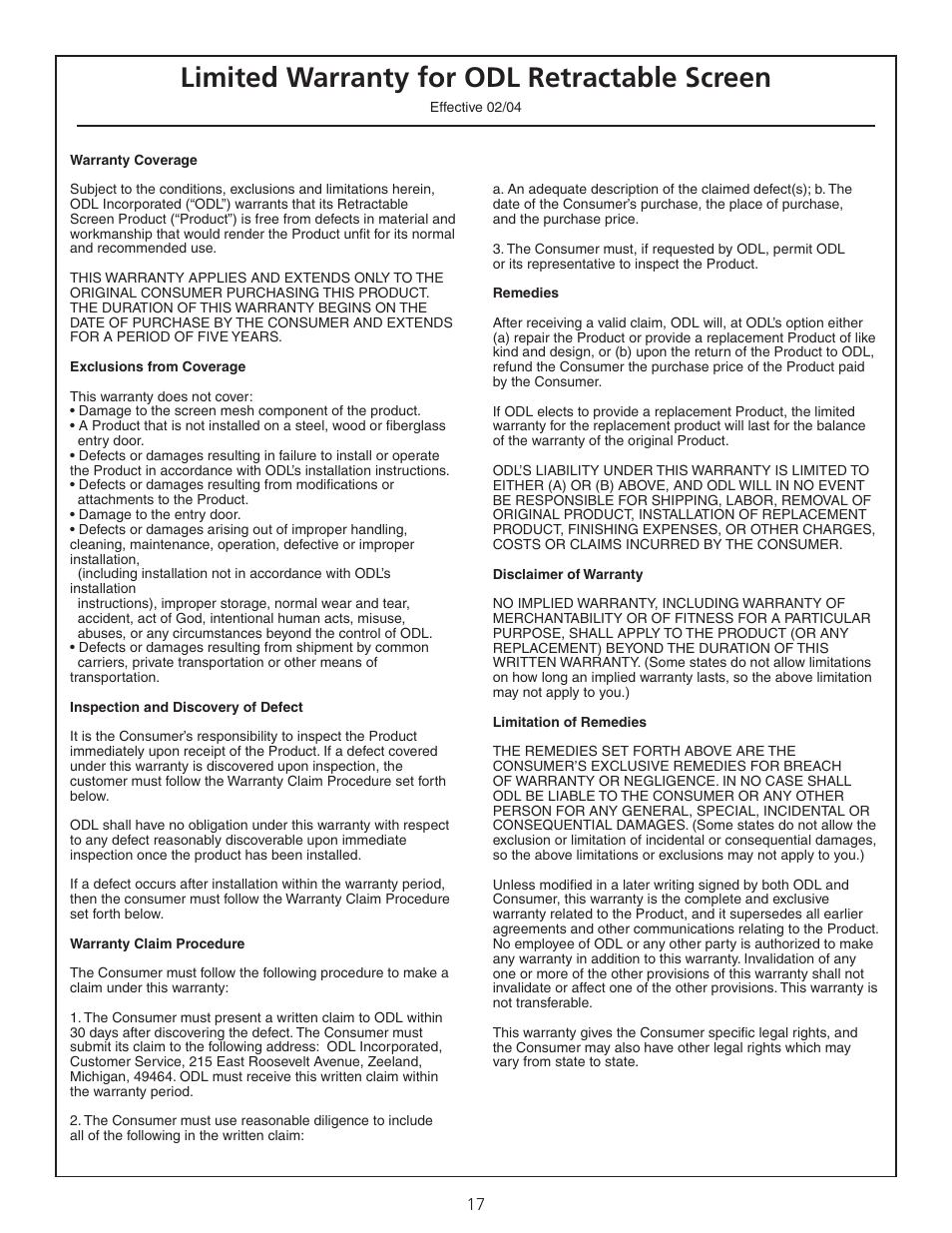 Limited warranty for odl retractable screen | ODL Standard Retractable Screen Doors - in-swing doors User Manual | Page 17 / 20