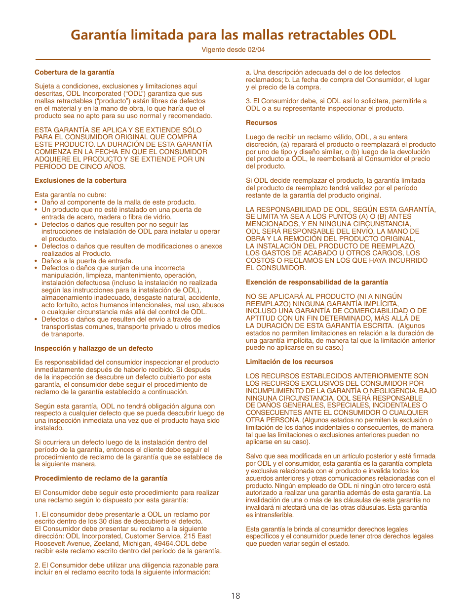 Garantía limitada para las mallas retractables odl | ODL Standard Retractable Screen Doors - in-swing doors User Manual | Page 18 / 20
