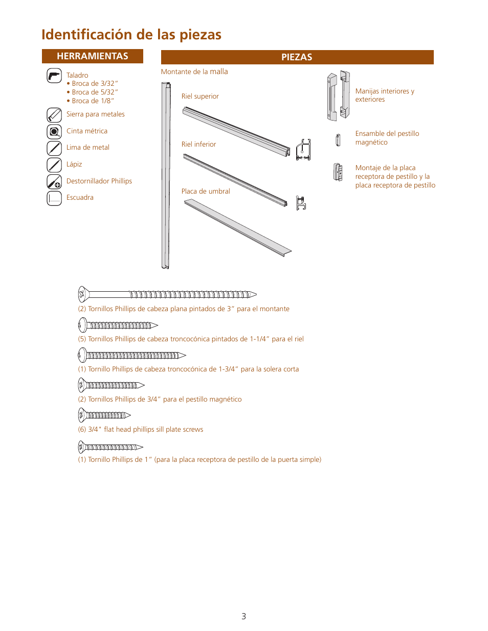 Identificación de las piezas | ODL Standard Retractable Screen Doors - in-swing doors User Manual | Page 3 / 20