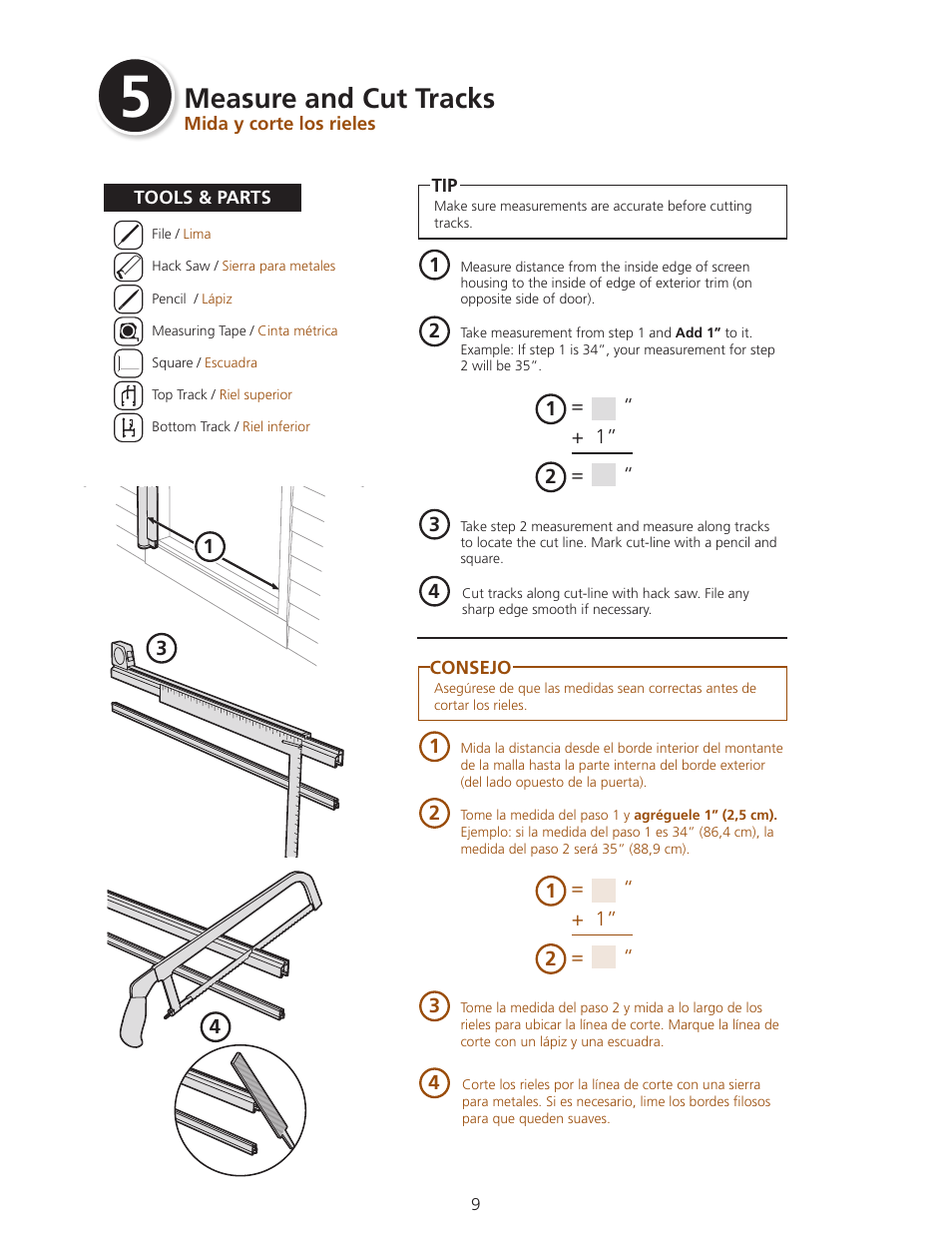 Measure and cut tracks | ODL Standard Retractable Screen Doors - in-swing doors User Manual | Page 9 / 20